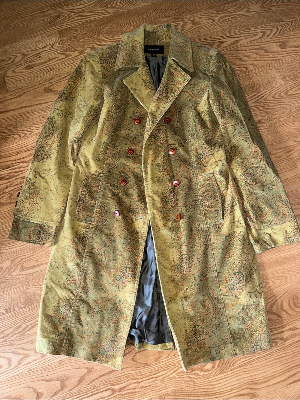 Express Olive Paisley Double-Breasted Trench Coat